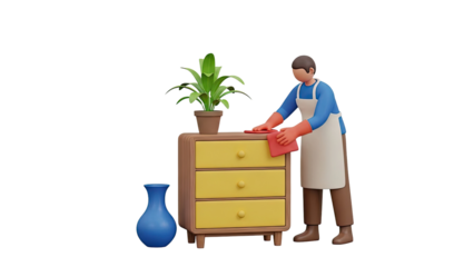 3D render of person cleaning a dresser with a plant and vase