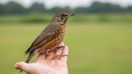 Small Bird Perched on Human Hand.