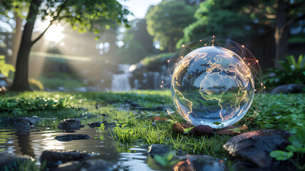 Glowing globe with network connections in serene natural landscape