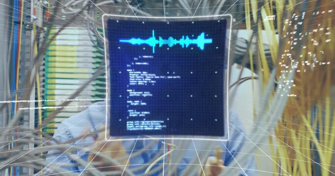 Animation of data processing over caucasian male it engineer fixing cables of computer server
