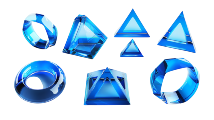 Set of abstract triangle square blue freeform shape form 3D render icon isolated on white background