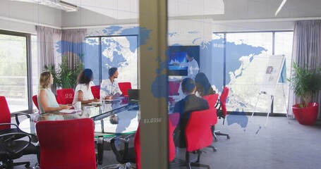 Animation of data processing over diverse business people at meeting - Powered by Adobe