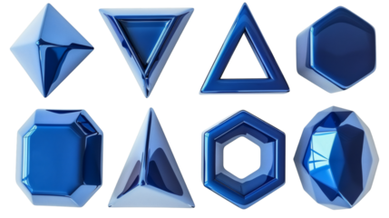 Set of abstract triangle square blue freeform shape form 3D render icon isolated on white background