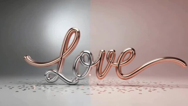 Metallic 3D love lettering in silver and rose gold with falling heart confetti, romantic valentine and wedding background