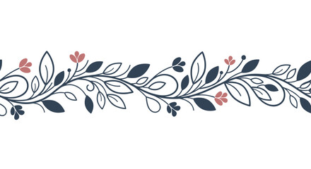 Elegant floral vine border displays dark navy leaves and delicate pink blossoms on a white background for sophisticated card decorations.