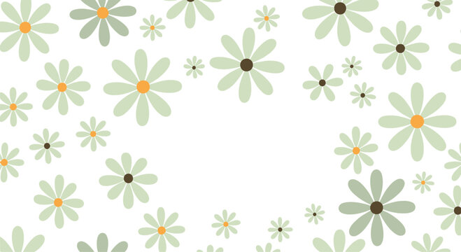 Beautiful floral pattern displays light green daisies with yellow and brown centers floating on a clean white background for summer prints.