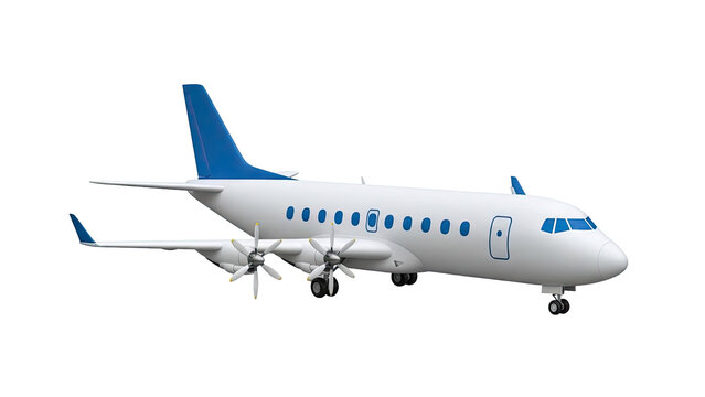 White turboprop airplane with blue accents on white background