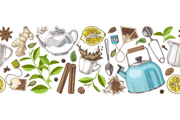 Tea time vector seamless pattern