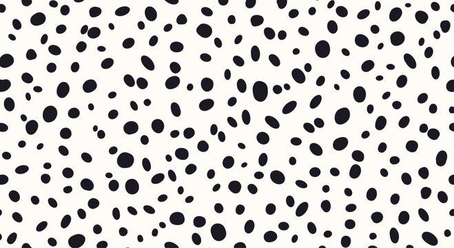 Seamless pattern consisting of irregular black spots on a white surface resembling the unique coat markings of a dalmatian dog or animal.