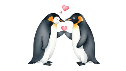 Cute Watercolor Penguin Couple in Love with Hearts Isolated on White Background, Valentine's Day © Ruwani