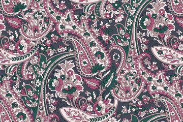 Seamless Dark Floral Paisley Pattern with Vintage Botanical Ornament
