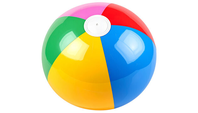 A colorful inflatable beach ball 3d illustration isolated on a white background features a round plastic summer toy sphere with red, blue, and yellow stripes for pool fun and sport games