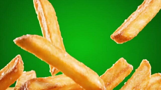 3D animation of French fries falling slowly against green screen background for advertising scenes or falling food montages.