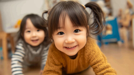 日本人の2人の幼い子供たちが、満面の笑みを浮かべながらこちらに向かってハイハイで近づいてくる