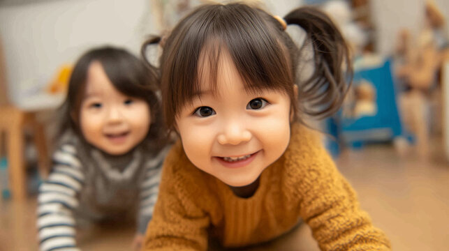 日本人の2人の幼い子供たちが、満面の笑みを浮かべながらこちらに向かってハイハイで近づいてくる