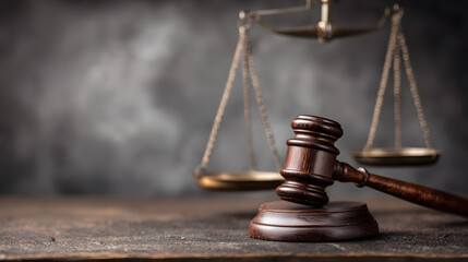 Judge’s hammer and scales of justice on wooden table symbolizing law, legal authority, courtroom decisions and justice system