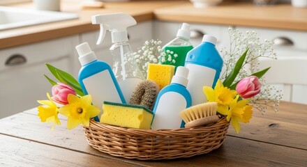 Spring cleaning basket with eco-friendly supplies and fresh spring flowers in kitchen