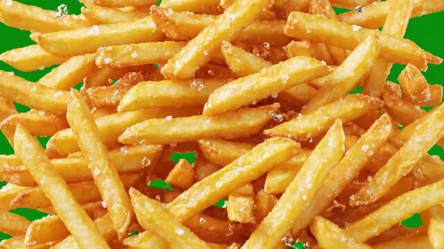 4K animation of French fries rising on green screen background for advertising scenes or falling food montages, dynamic backgrounds in burger joint menus or commercial transitions.
