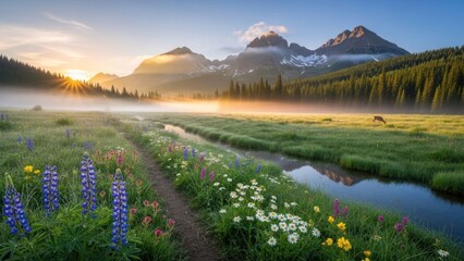 Serene Mountain Landscape with Wildflowers at Sunrise.