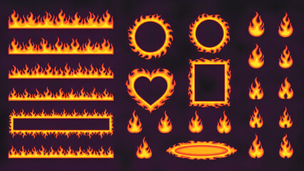 Collection of cartoon fire elements on dark background, including flaming borders, circular, heart and square frames, glowing sparks, and fiery icons for graphic design use.
