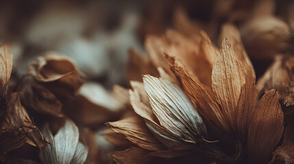 Macro shot of wilted flower petals in warm vintage tones symbolizing fading love, lost emotions, post-Valentine sadness and emotional decay