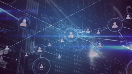 Animation of connections and data processing on digital screen with world map - Powered by Adobe