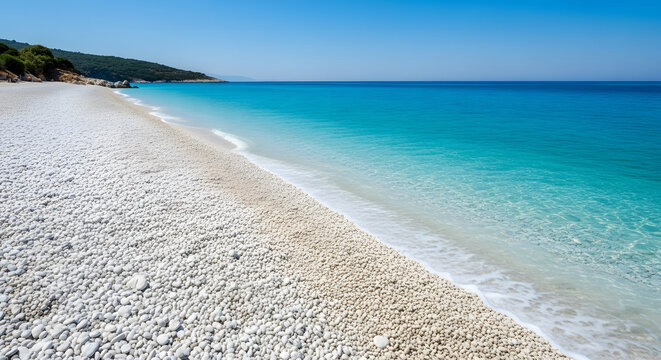 White pebble beach and turquoise sea water on Thassos Island, Gr