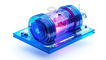 Futuristic, transparent energy device on a glowing blue platform