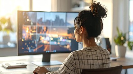 Woman working on computer, video call, office, modern workspace, technology concept. - Powered by Adobe