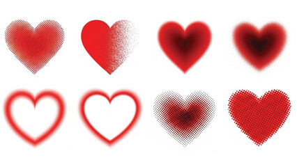 A collection of eight different red heart icons displayed in two rows. The styles include halftone patterns, dissolving effects, smooth gradients, and glowing outlines on a white background.