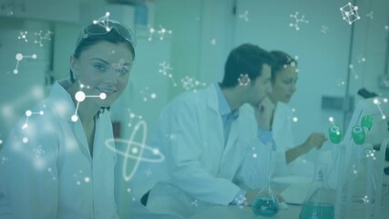Animation of molecules over diverse lab workers with samples - Powered by Adobe