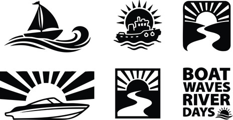 Black vector icons showing sailing boat waves and speedboat with sunrise over river flowing in minimalist flat design style showing water travel and marine elements in simple shapes