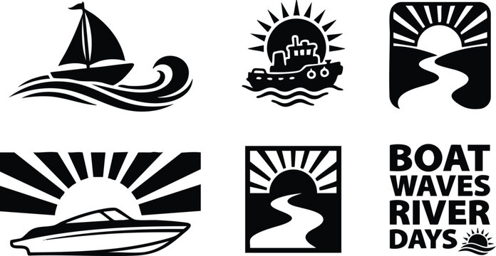 Black vector icons showing sailing boat waves and speedboat with sunrise over river flowing in minimalist flat design style showing water travel and marine elements in simple shapes
