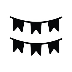 Festive black silhouette of two rows of party flags on white background