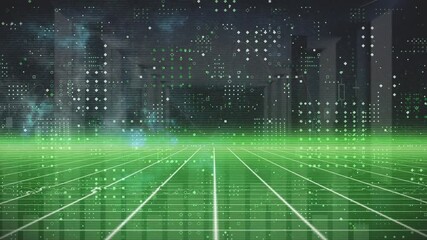 Animation of row dots pattern over green grid network against statistical data processing - Powered by Adobe