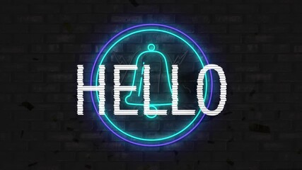 Animation of hello text banner over neon notification bell icon against grey brick wall - Powered by Adobe