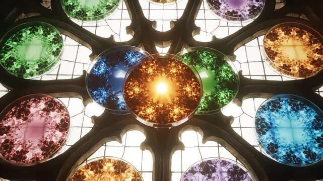 A majestic gothic rose window with panes of glowing, colorful fractal patterns, symbolizing the intersection of science, art, and spirituality