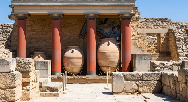 Minoan Palace of Knossos ruins with red columns and large pithoi