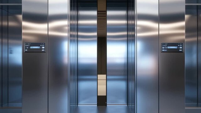 Elevator doors open in a high rise building with clear digital displays showing floor numbers