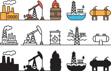 A collection of industrial oil and gas industry icons showing different energy production facilities and structures