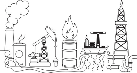 A detailed illustration depicting various components of the oil and gas industry in a clean outline style