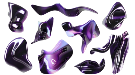 Set of black purple shapes fluid holographic Iridescent 3D render icon isolated on white background