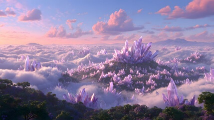 with giant crystals emerging from ground, glowing softly, colorful sky, and mystical energy
