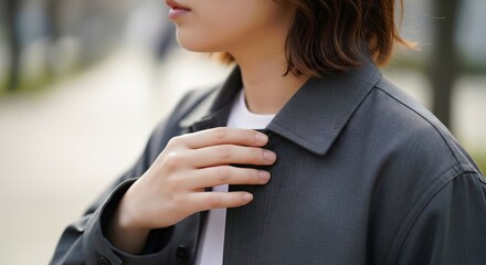Close Up Detail of a Person Adjusting the Collar of a Grey Professional Coat or Jacket
