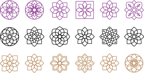 A diverse collection of stylized floral mandala patterns in magenta, black, and brown outlines