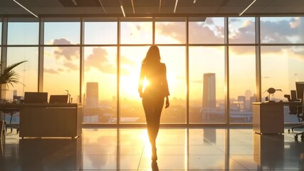 Silhouette of a Businesswoman Walking Towards the Sunset in Modern Office.