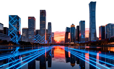 Obraz premium Modern City Skyline with Neon Reflections at Sunset