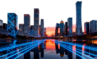 Modern City Skyline with Neon Reflections at Sunset