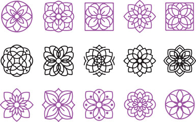 A diverse set of outlined floral and geometric mandala motifs in black and vibrant pink colors