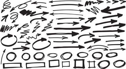 A large assortment of hand drawn black arrows and various outline shapes like circles and rectangles
